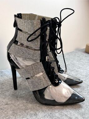 So Me rhinestone embellished, lace-up pointed-toe high heel booties / Size 8.5